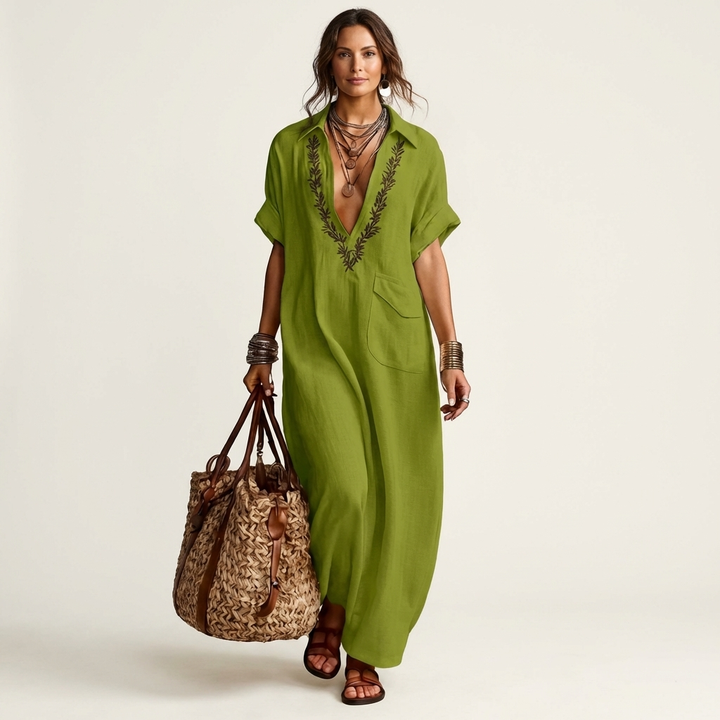 Maxi Linen Dress with Embroidery