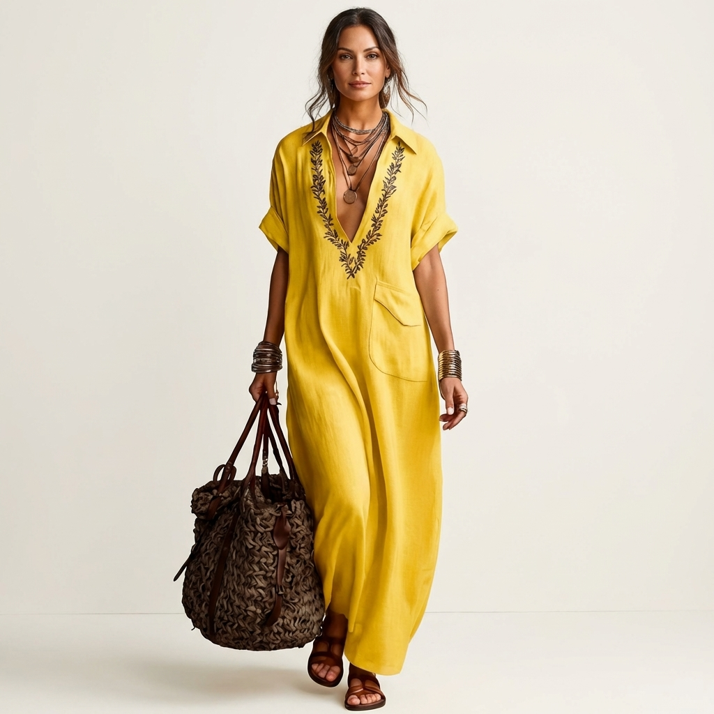 Maxi Linen Dress with Embroidery