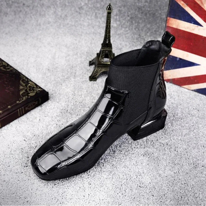 Isabelle | Women's Block Heel Black Chelsea Boots with Croc Emboss