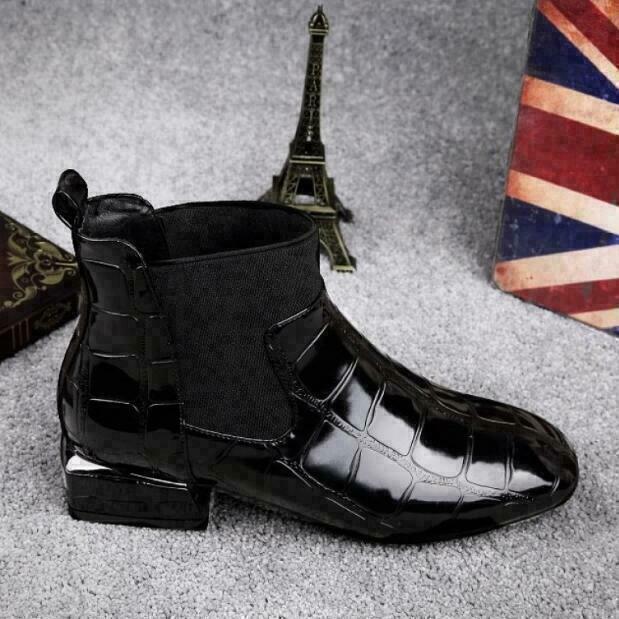 Isabelle | Women's Block Heel Black Chelsea Boots with Croc Emboss