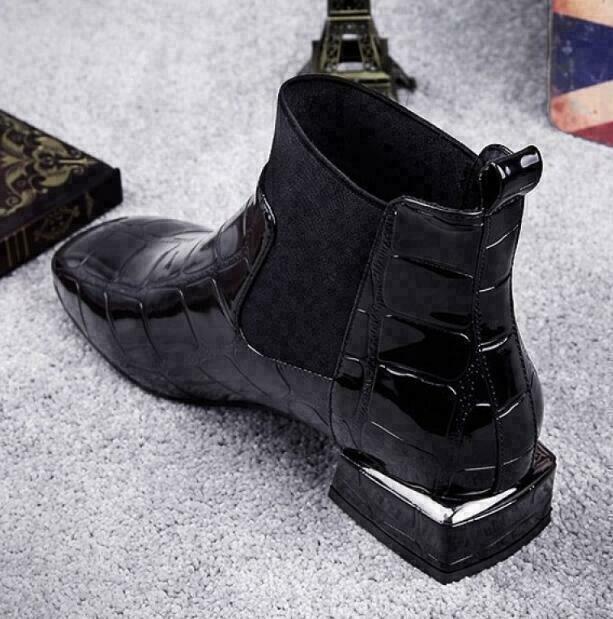 Isabelle | Women's Block Heel Black Chelsea Boots with Croc Emboss
