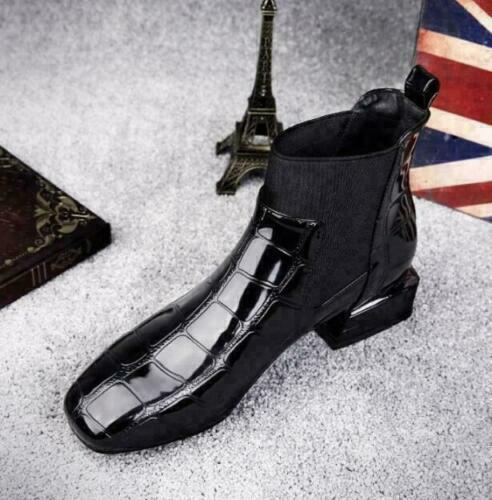 Isabelle | Women's Block Heel Black Chelsea Boots with Croc Emboss