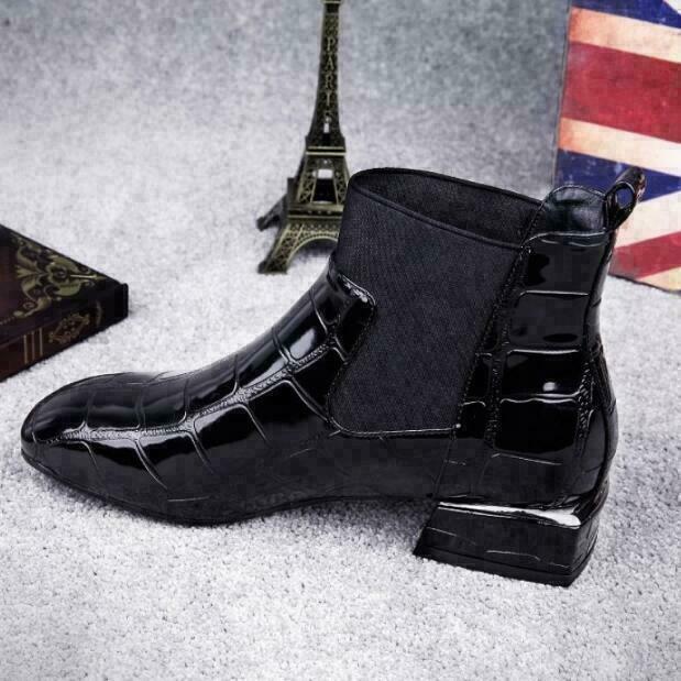 Isabelle | Women's Block Heel Black Chelsea Boots with Croc Emboss