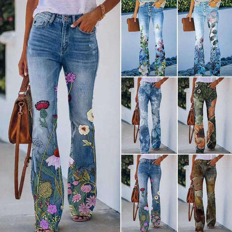 Isla | Women's Floral Wide Leg Flare Jeans with Button Fly