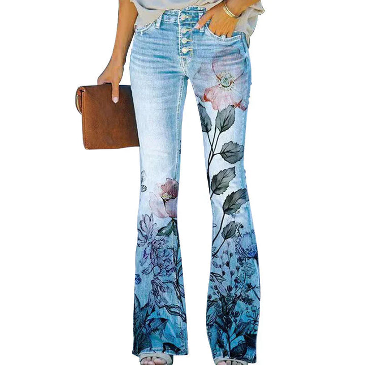 Isla | Women's Floral Wide Leg Flare Jeans with Button Fly