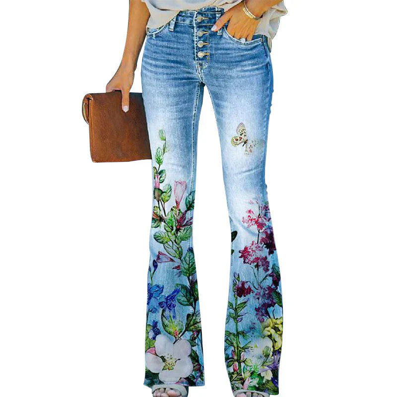 Isla | Women's Floral Wide Leg Flare Jeans with Button Fly