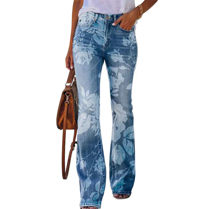 Isla | Women's Floral Wide Leg Flare Jeans with Button Fly