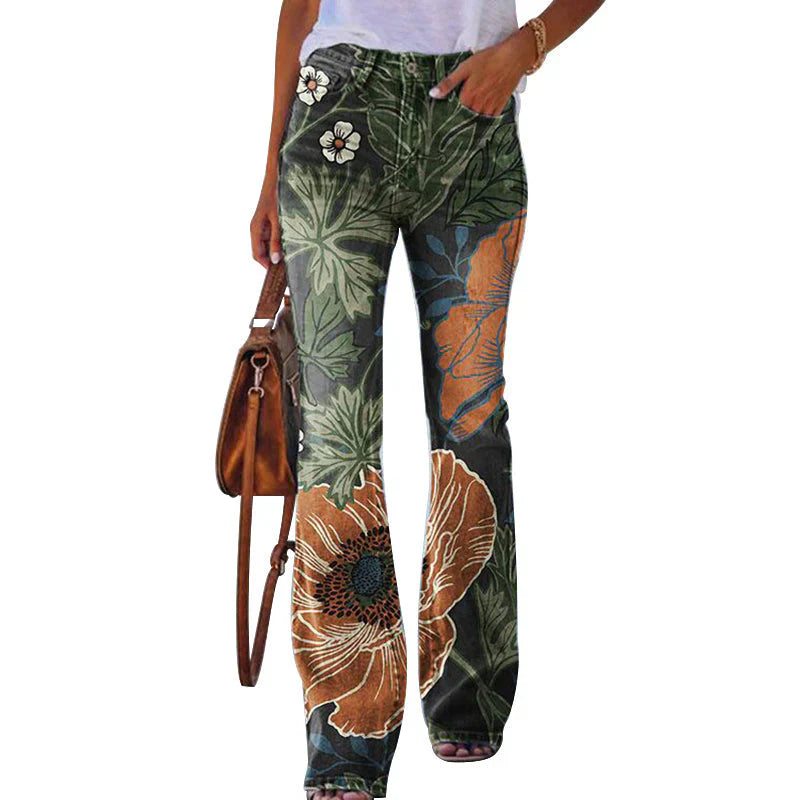 Isla | Women's Floral Wide Leg Flare Jeans with Button Fly