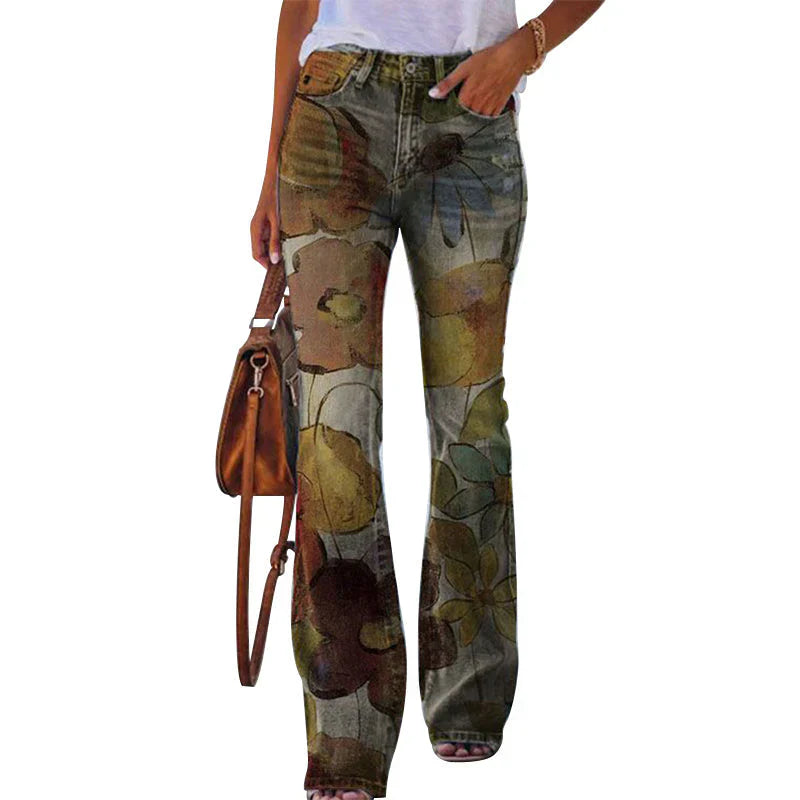 Isla | Women's Floral Wide Leg Flare Jeans with Button Fly
