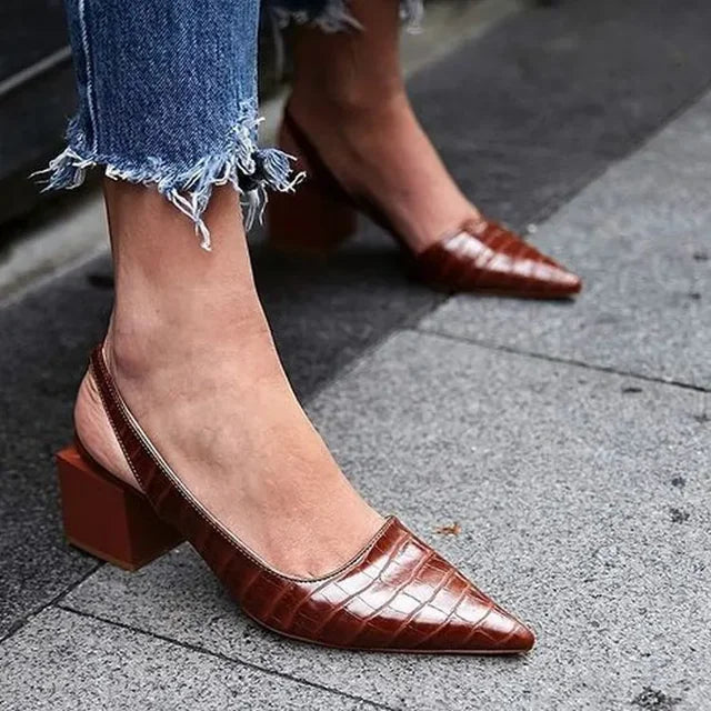 Isobel | Women's Block Heel Pointed Toe Slingback Heels with Croc-Effect