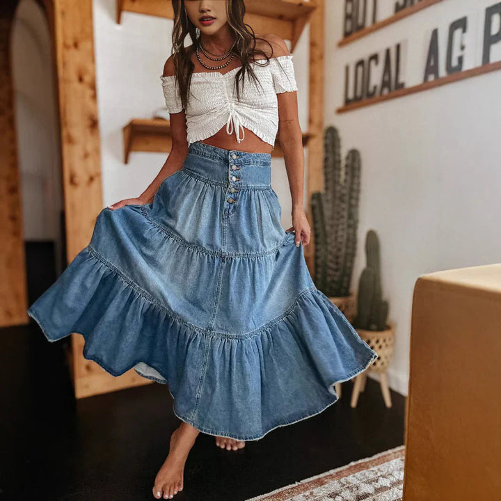 Jacqueline | Women's Tiered Denim Skirt with Button Front