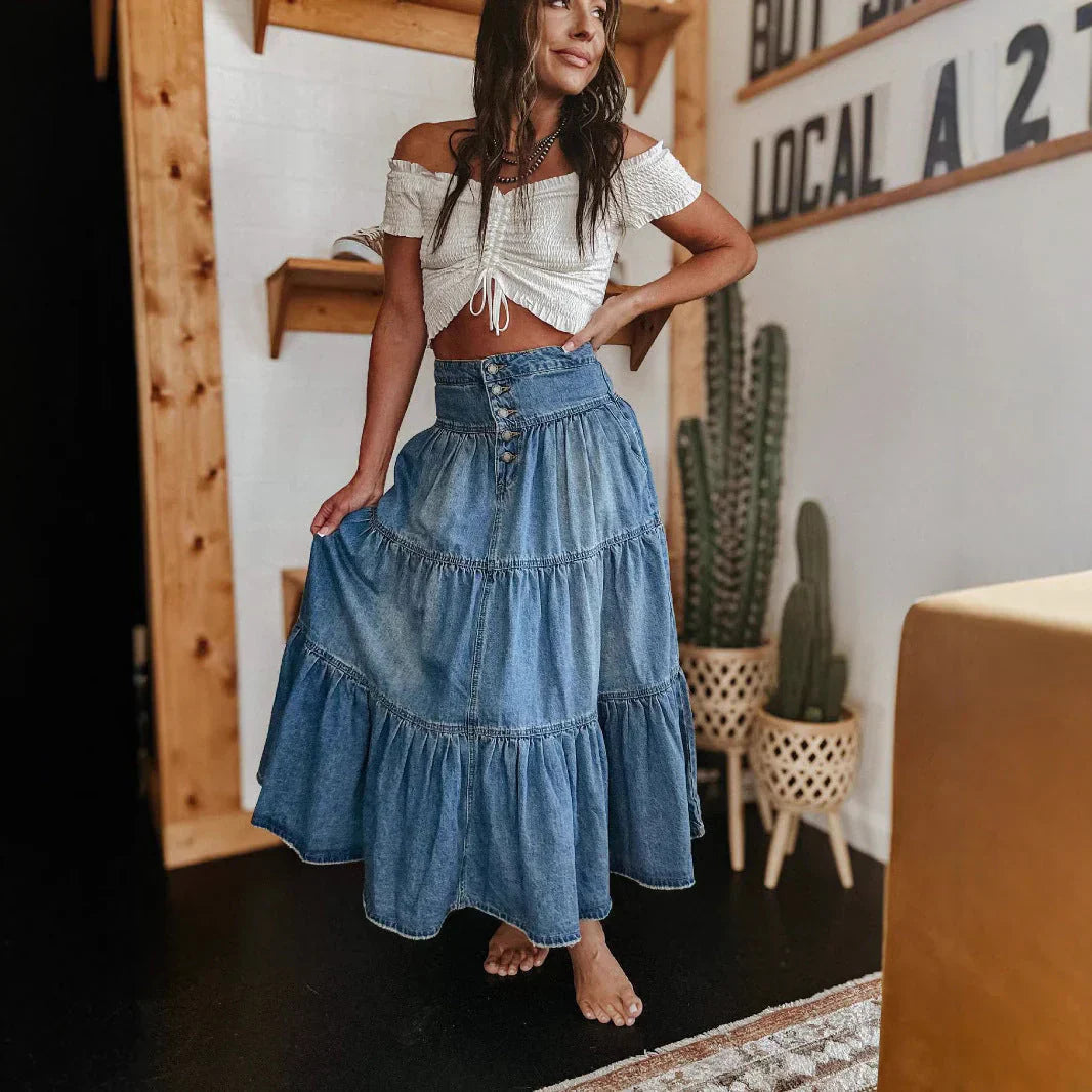 Jacqueline | Women's Tiered Denim Skirt with Button Front
