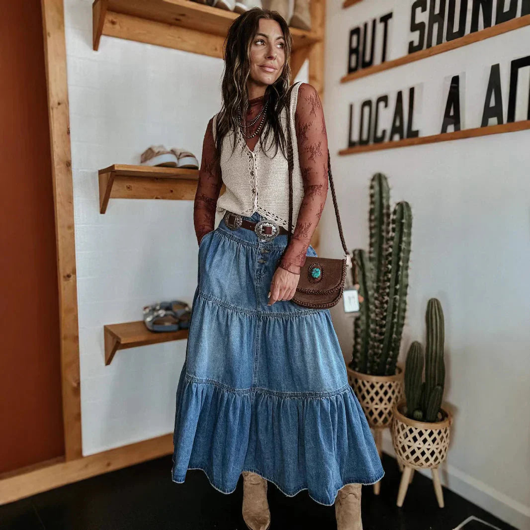 Jacqueline | Women's Tiered Denim Skirt with Button Front