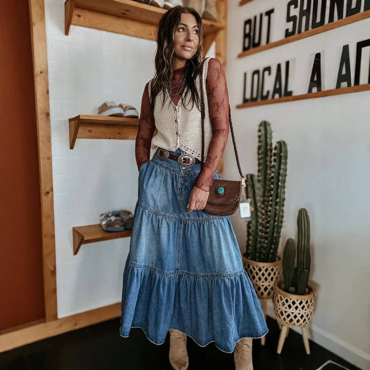 Jacqueline | Women's Tiered Denim Skirt with Button Front