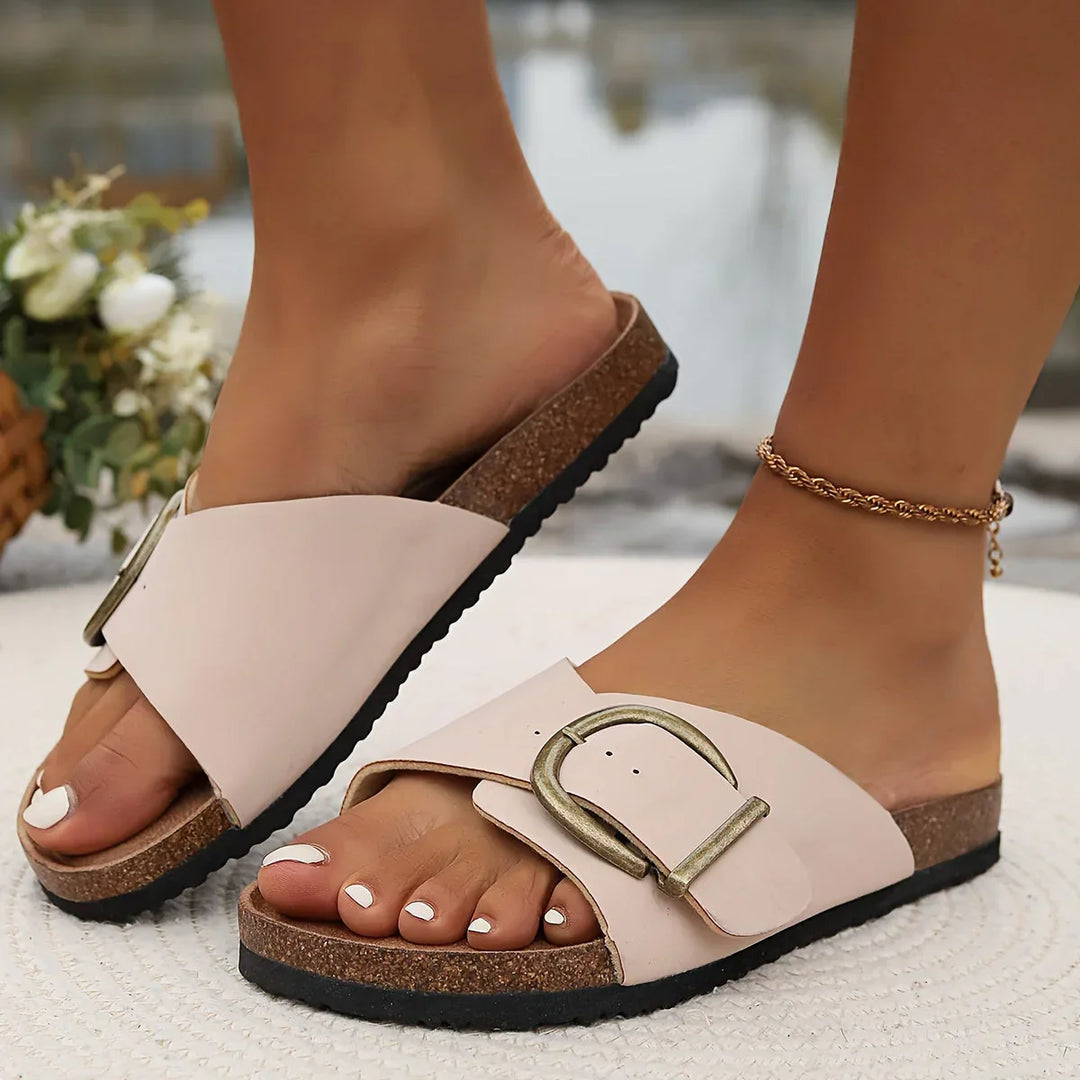 Jade | Women's Flat Buckle Cork Footbed Sandals with Adjustable Strap