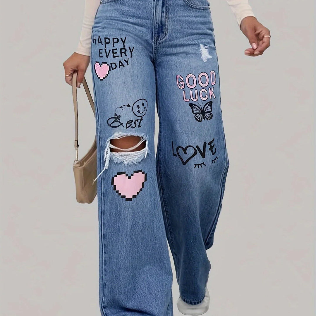 Jocasta | Women's Baggy Wide Leg Jeans with Heart Graffiti Print