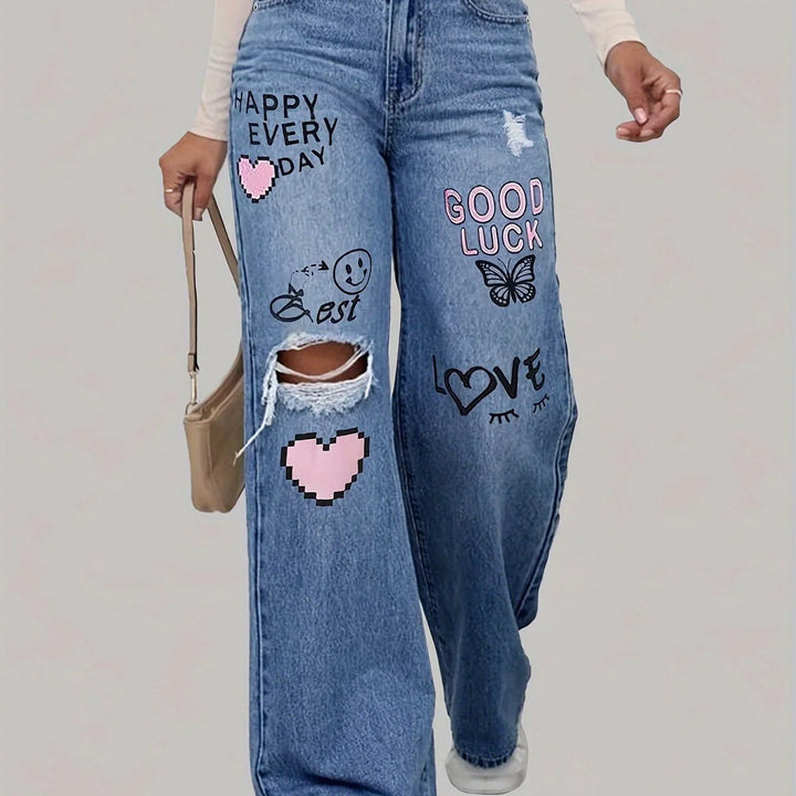 Jocasta | Women's Baggy Wide Leg Jeans with Heart Graffiti Print