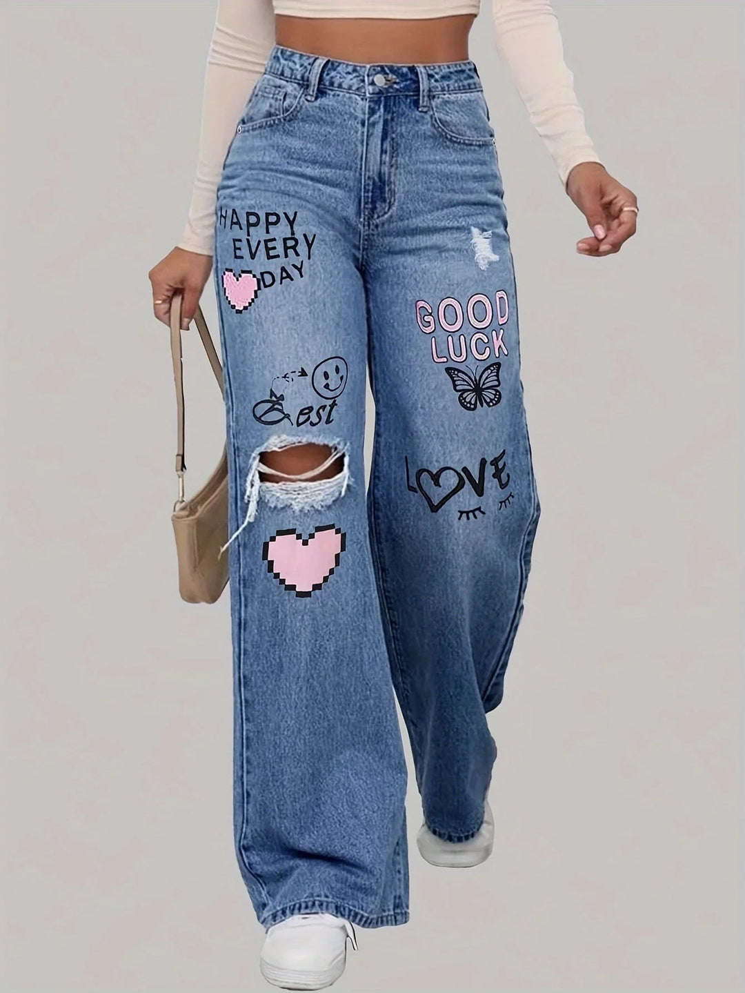 Jocasta | Women's Baggy Wide Leg Jeans with Heart Graffiti Print