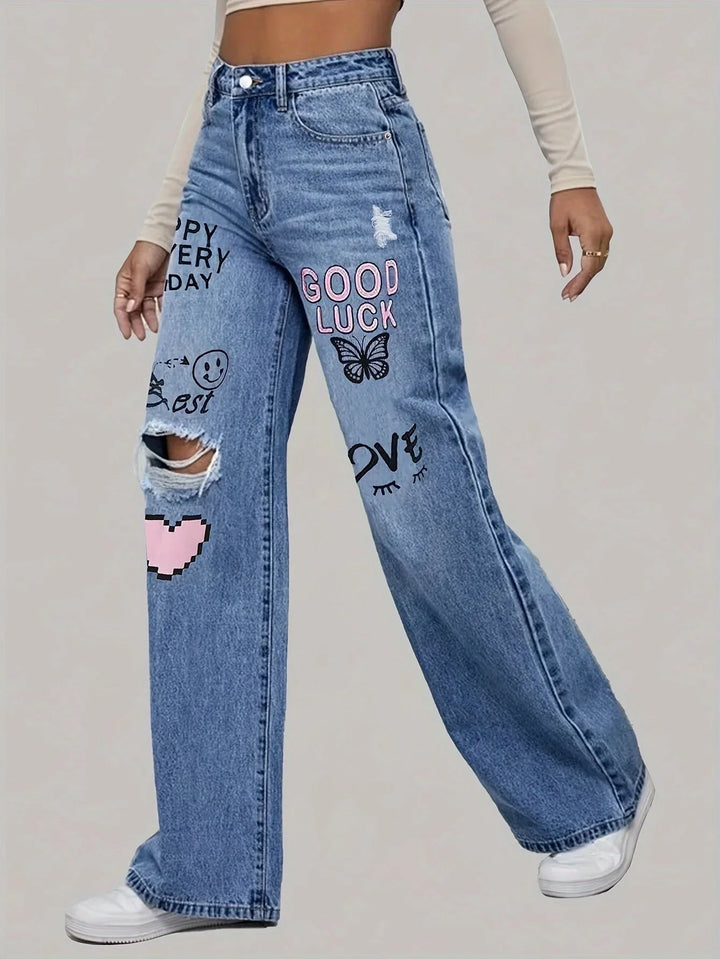 Jocasta | Women's Baggy Wide Leg Jeans with Heart Graffiti Print