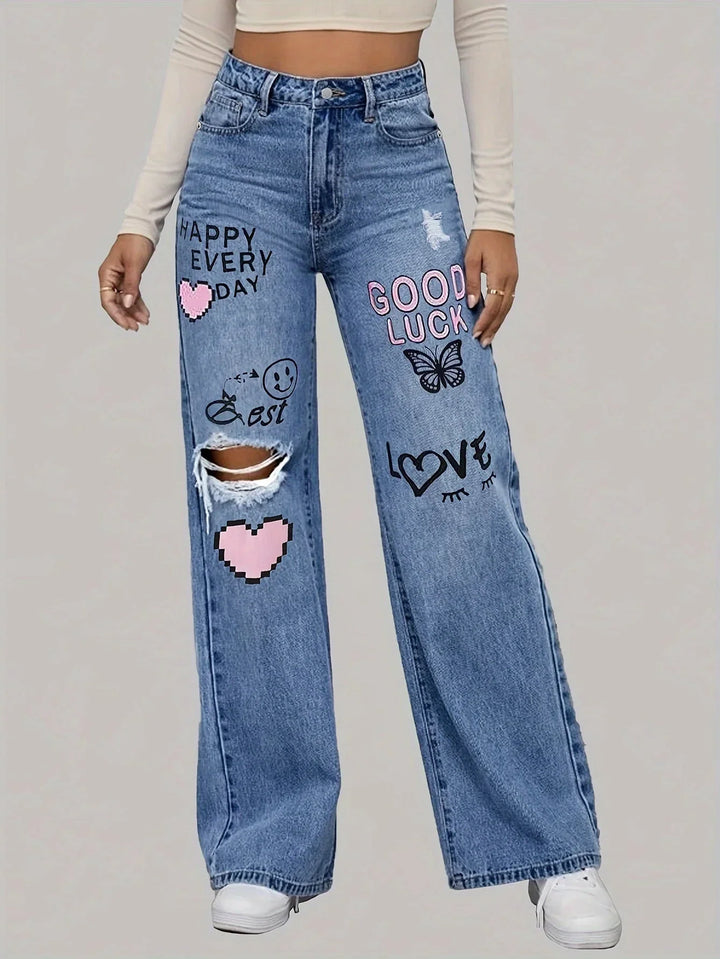 Jocasta | Women's Baggy Wide Leg Jeans with Heart Graffiti Print