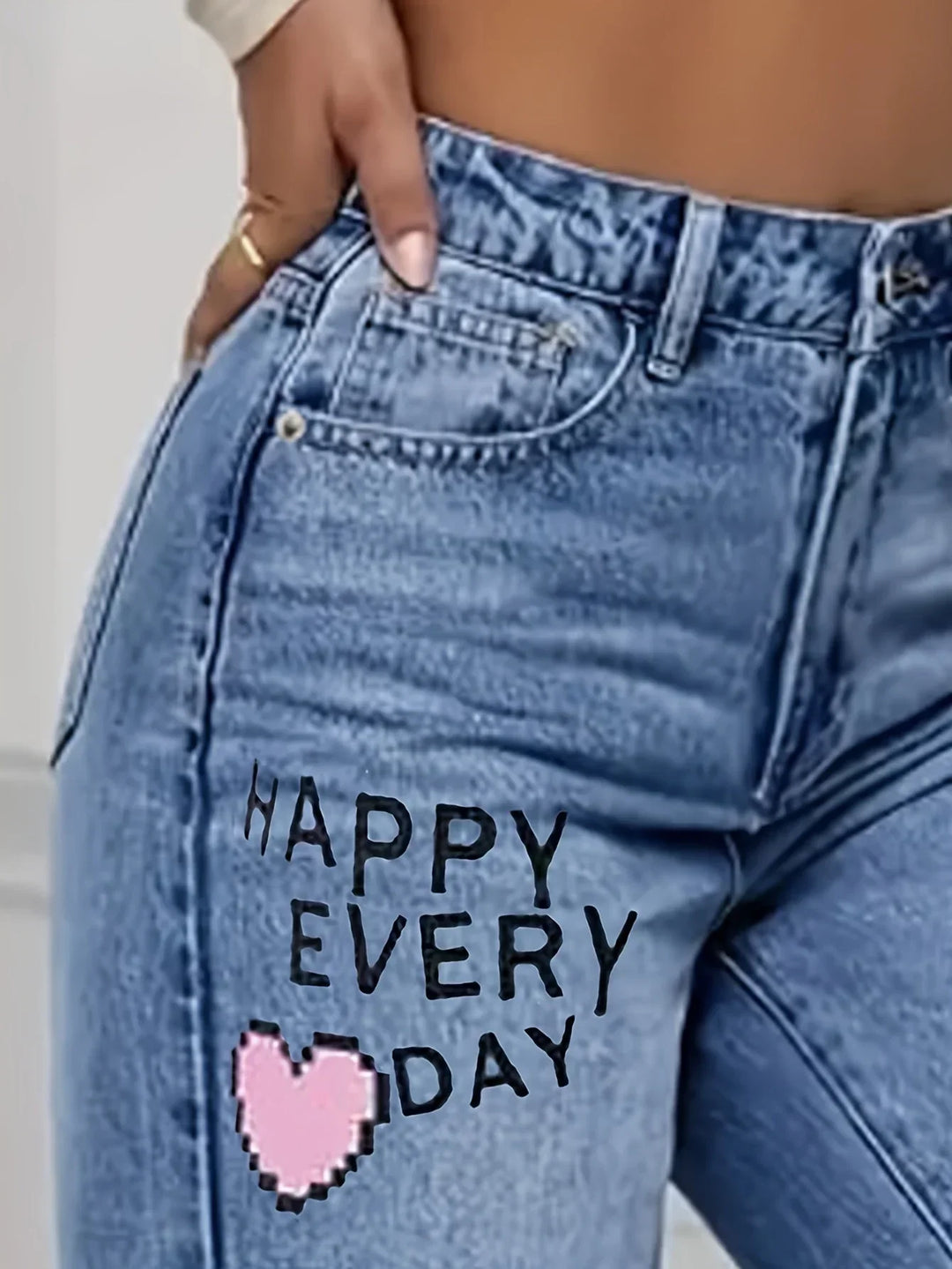 Jocasta | Women's Baggy Wide Leg Jeans with Heart Graffiti Print