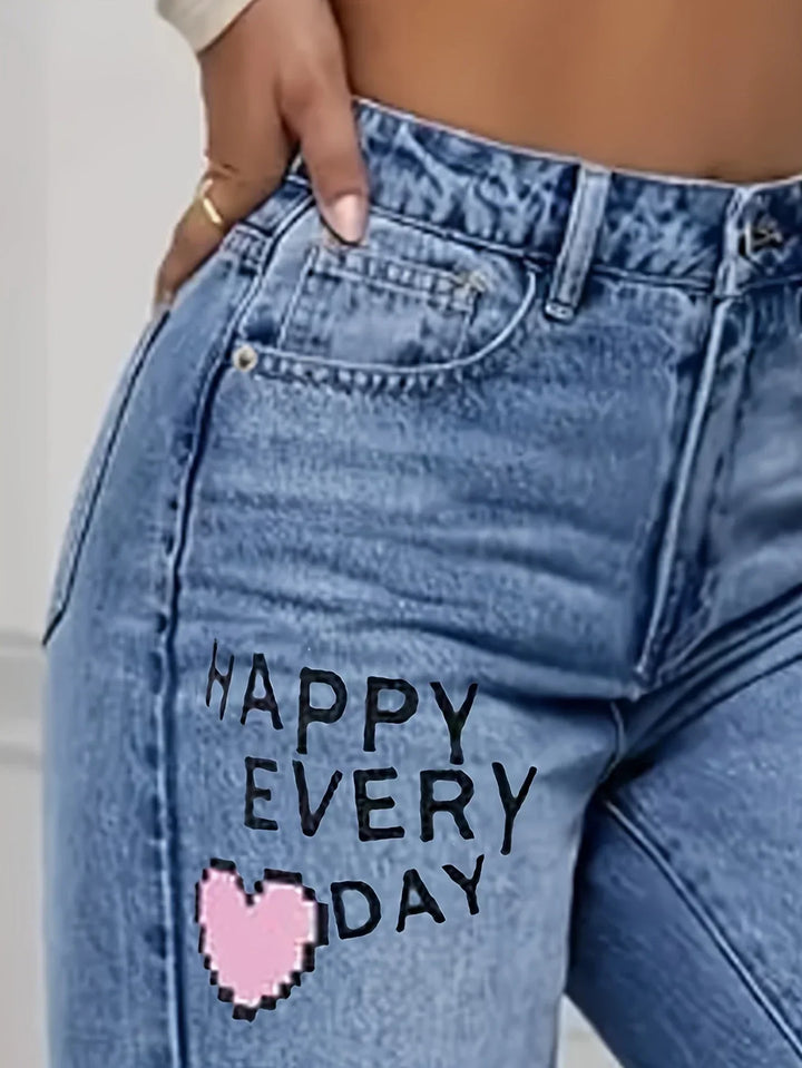 Jocasta | Women's Baggy Wide Leg Jeans with Heart Graffiti Print