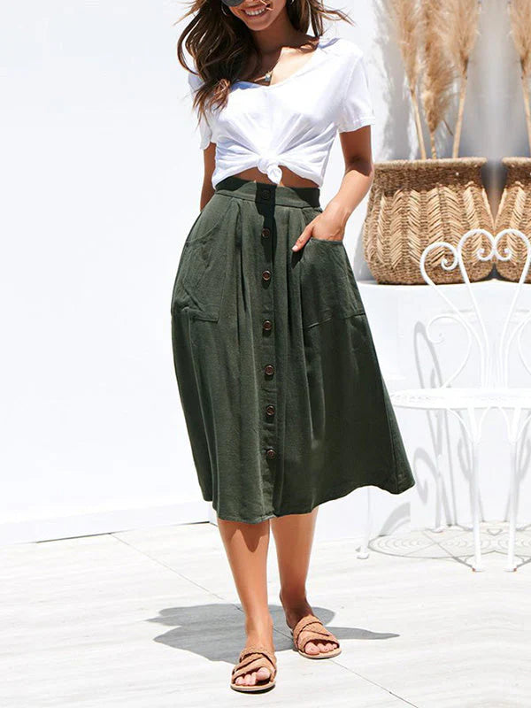 Kate | Women's Button Front Skirt with Elasticated Waist and Side Pockets