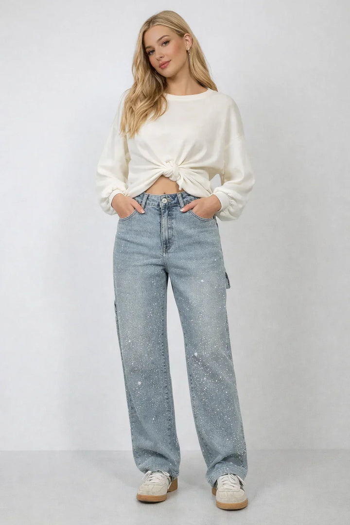 Lola | Women's Wide Leg Jeans with Crystal Embellishment