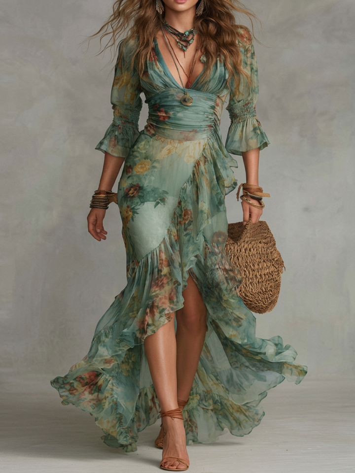 Maxi Dress in Grass Green Chiffon with Irregular Ruffles and Slit