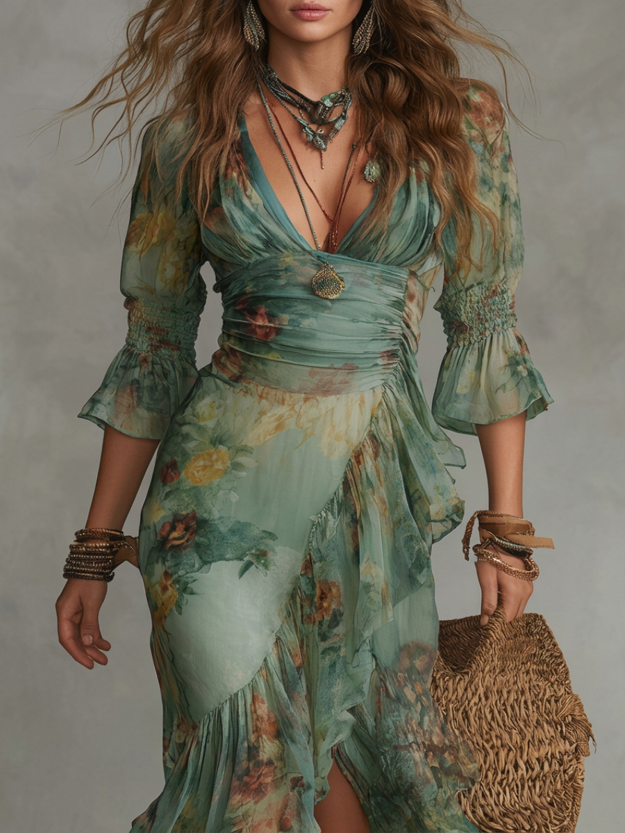 Maxi Dress in Grass Green Chiffon with Irregular Ruffles and Slit