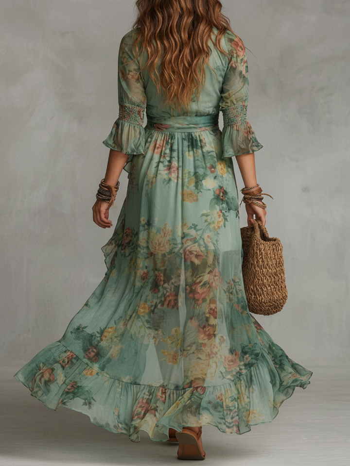 Maxi Dress in Grass Green Chiffon with Irregular Ruffles and Slit