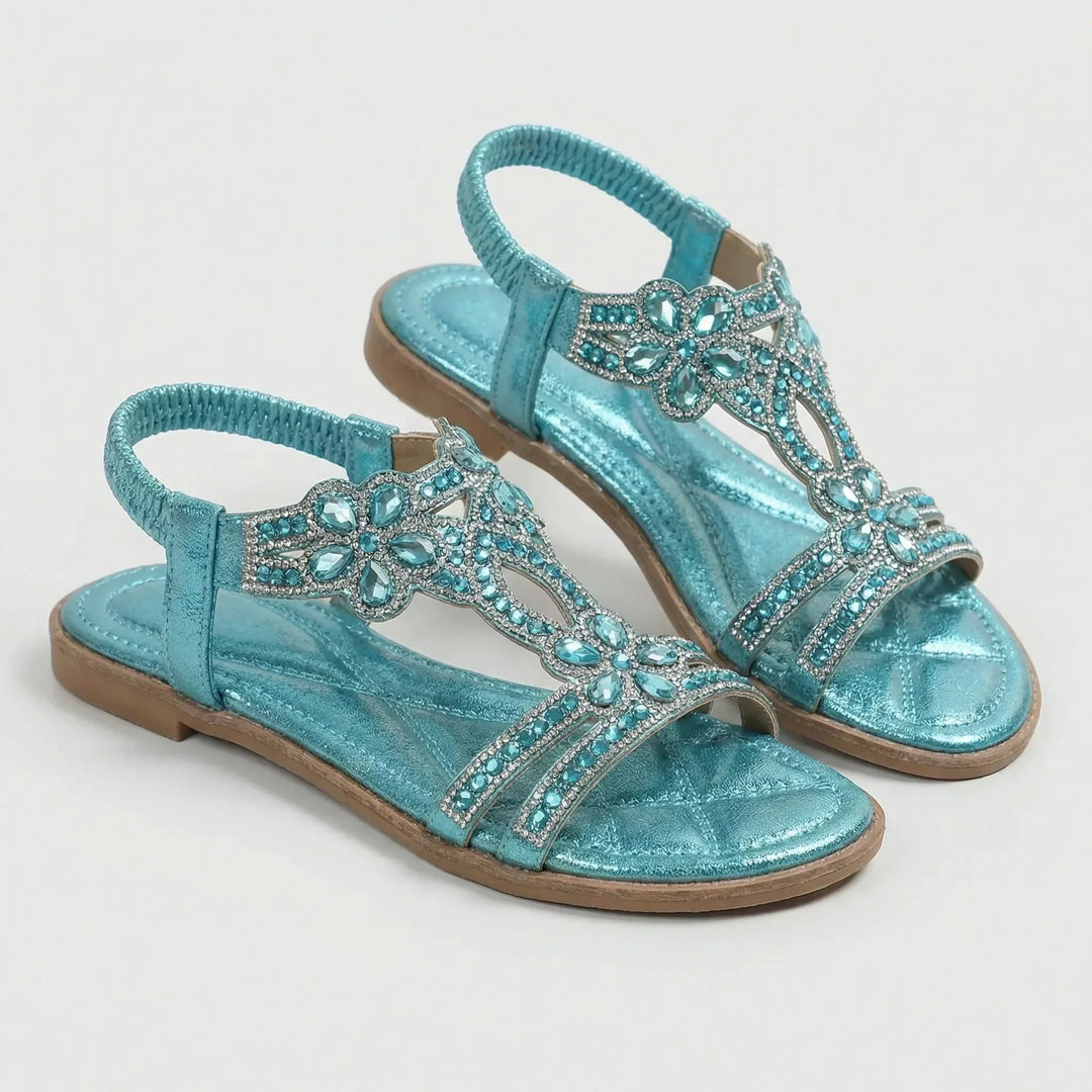 Millicent | Women's Embellished T-Strap Sandals with Elasticated Back Strap