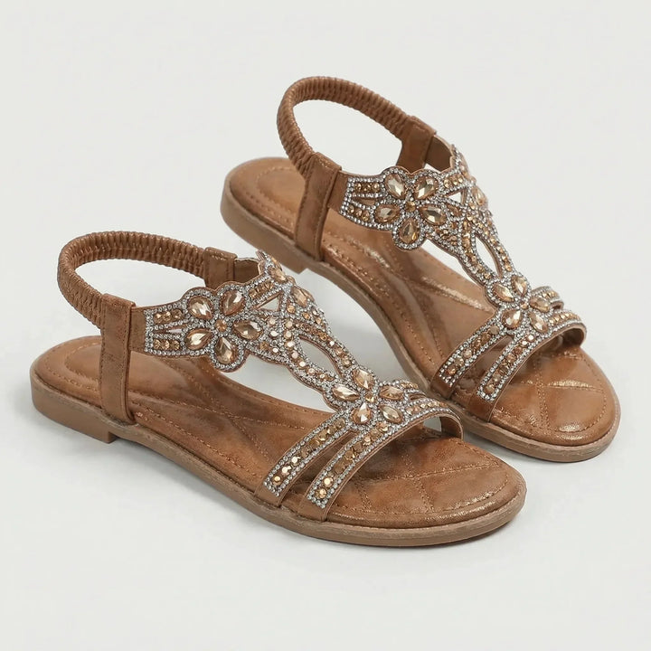 Millicent | Women's Embellished T-Strap Sandals with Elasticated Back Strap
