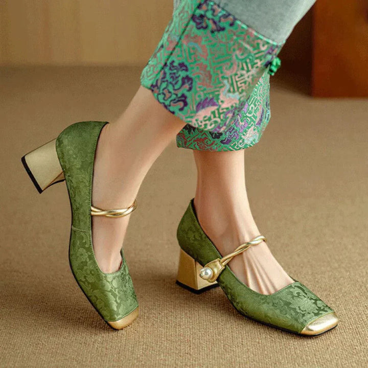 Nicole | Women's Square Block Heels with Toe Cap and Pearl Ankle Strap