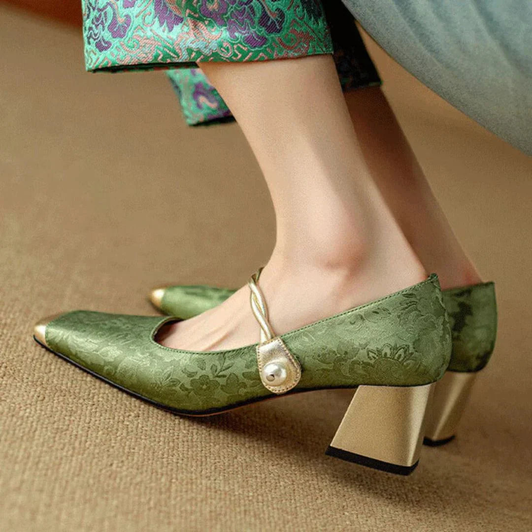 Nicole | Women's Square Block Heels with Toe Cap and Pearl Ankle Strap