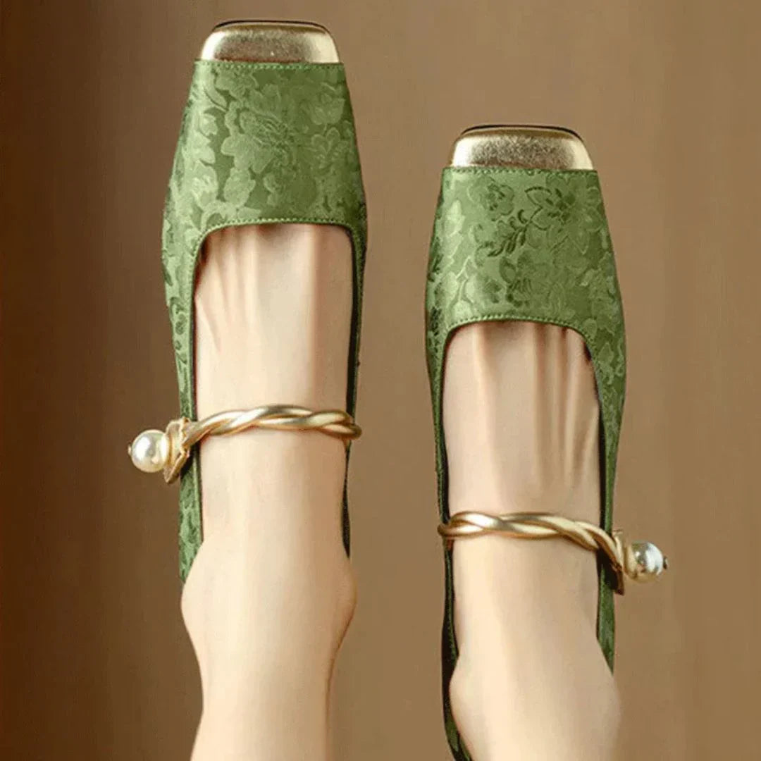 Nicole | Women's Square Block Heels with Toe Cap and Pearl Ankle Strap