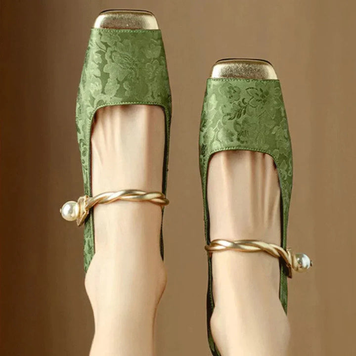 Nicole | Women's Square Block Heels with Toe Cap and Pearl Ankle Strap