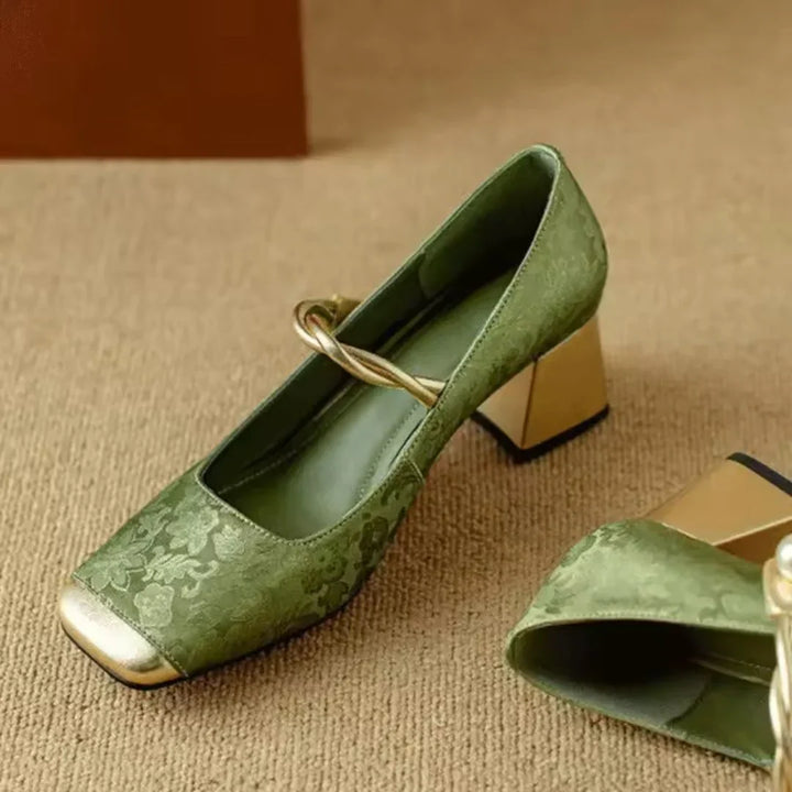 Nicole | Women's Square Block Heels with Toe Cap and Pearl Ankle Strap