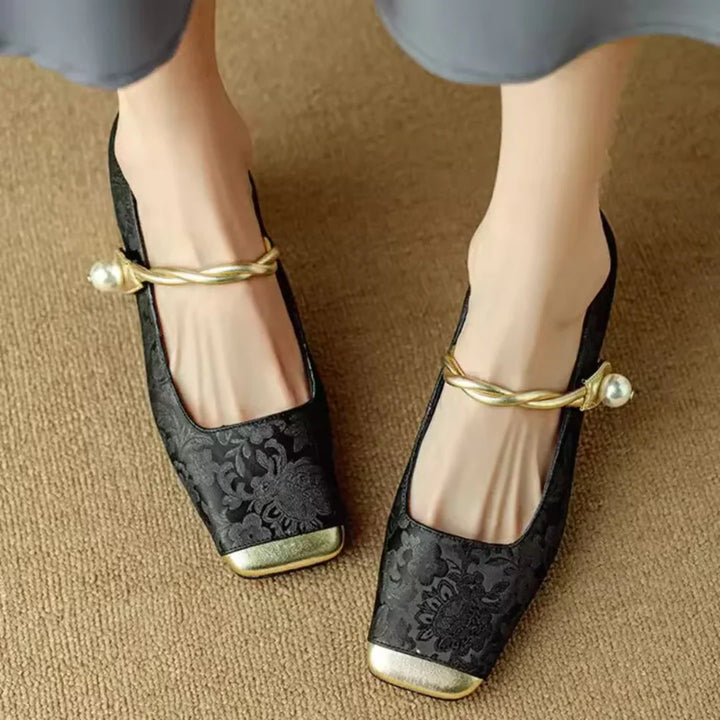 Nicole | Women's Square Block Heels with Toe Cap and Pearl Ankle Strap