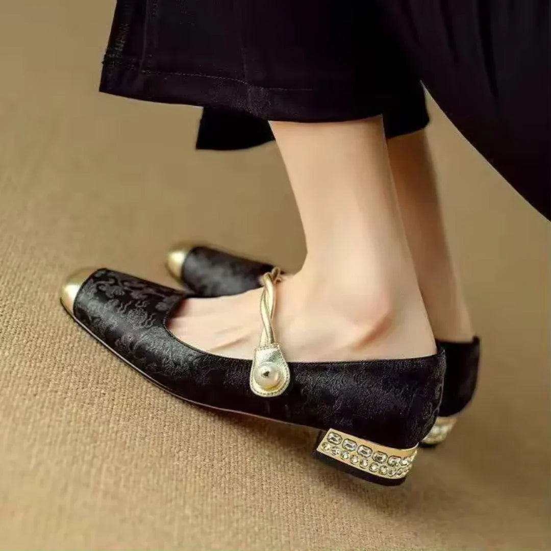 Nicole | Women's Square Block Heels with Toe Cap and Pearl Ankle Strap