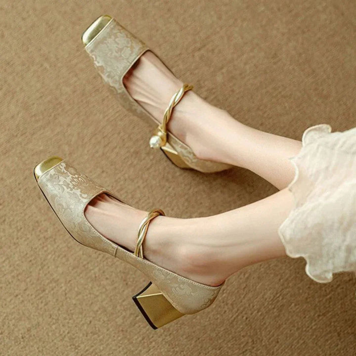 Nicole | Women's Square Block Heels with Toe Cap and Pearl Ankle Strap