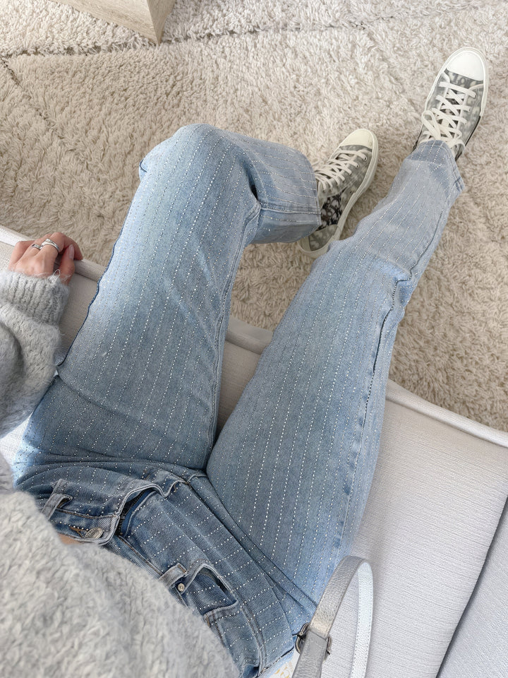 Olivia | Women's Straight Leg Jeans with Rhinestone Stripe