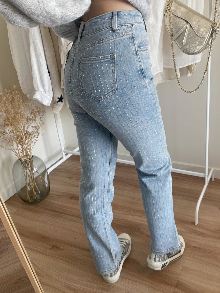 Olivia | Women's Straight Leg Jeans with Rhinestone Stripe