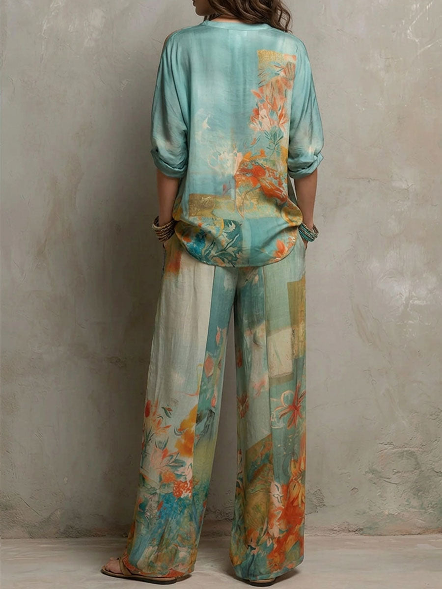 Chiara | Elegant floral print set with wide trousers