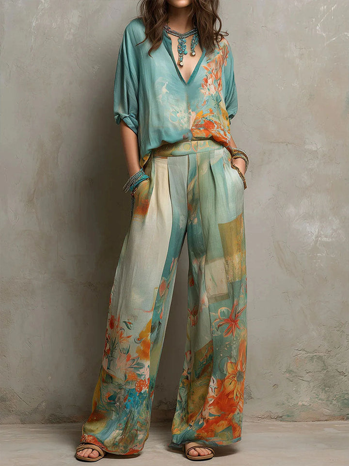 Chiara | Elegant floral print set with wide trousers