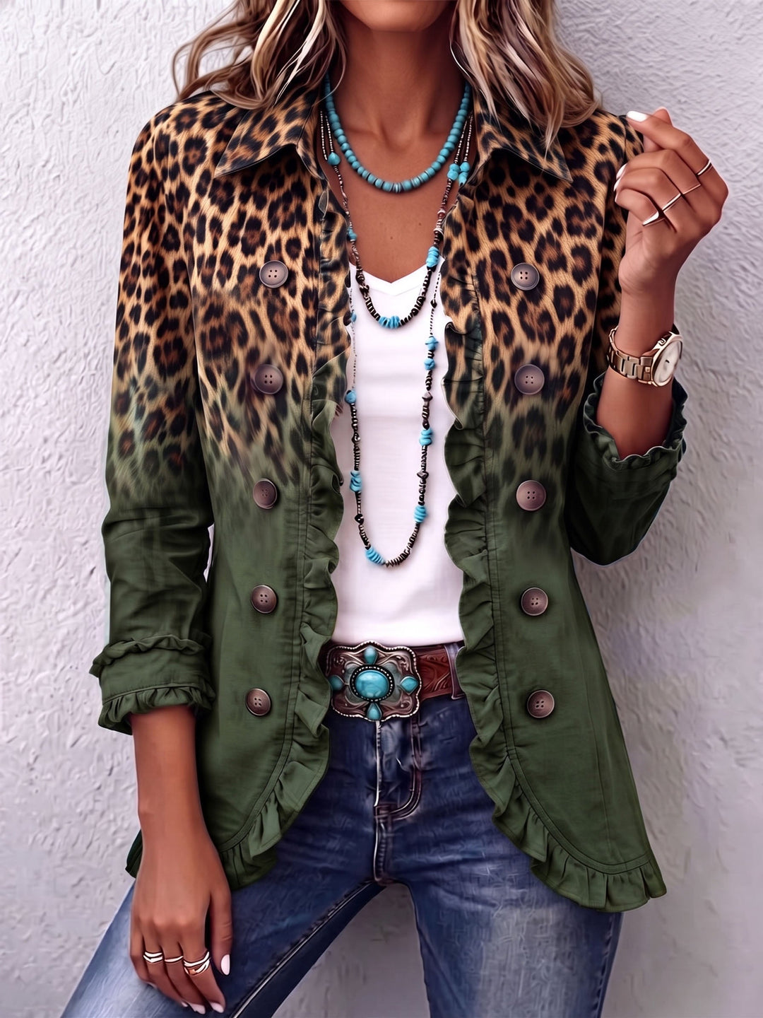 Kerry – Green Leopard Print Frill Blazer
