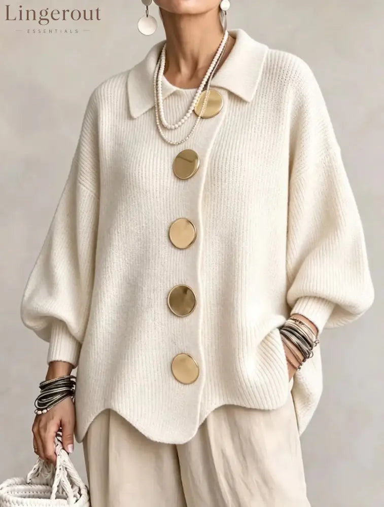 Oversized Collared Knit Cardigan With Large Metal Buttons