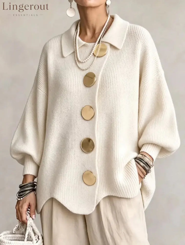 Oversized Collared Knit Cardigan With Large Metal Buttons