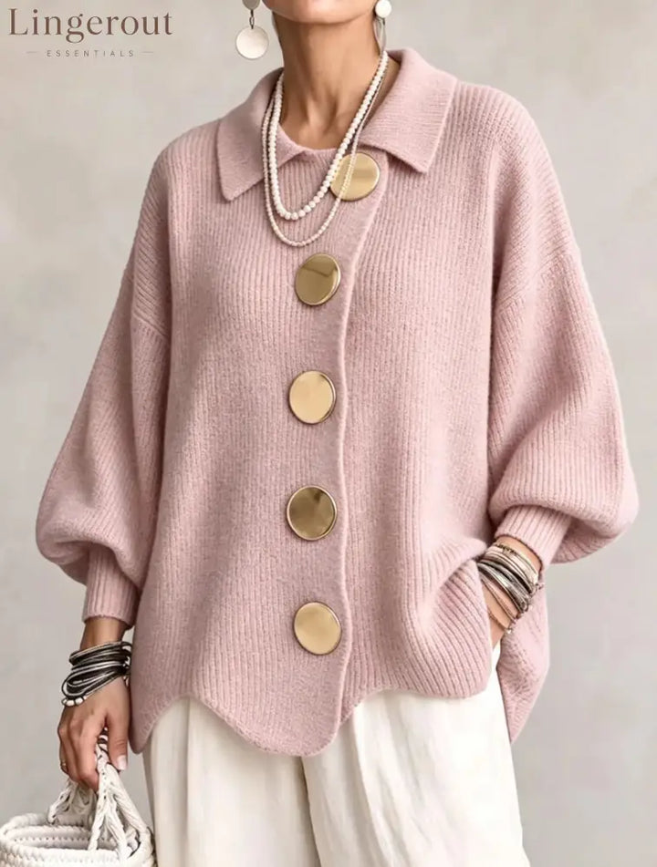 Oversized Collared Knit Cardigan With Large Metal Buttons