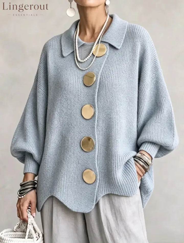 Oversized Collared Knit Cardigan With Large Metal Buttons